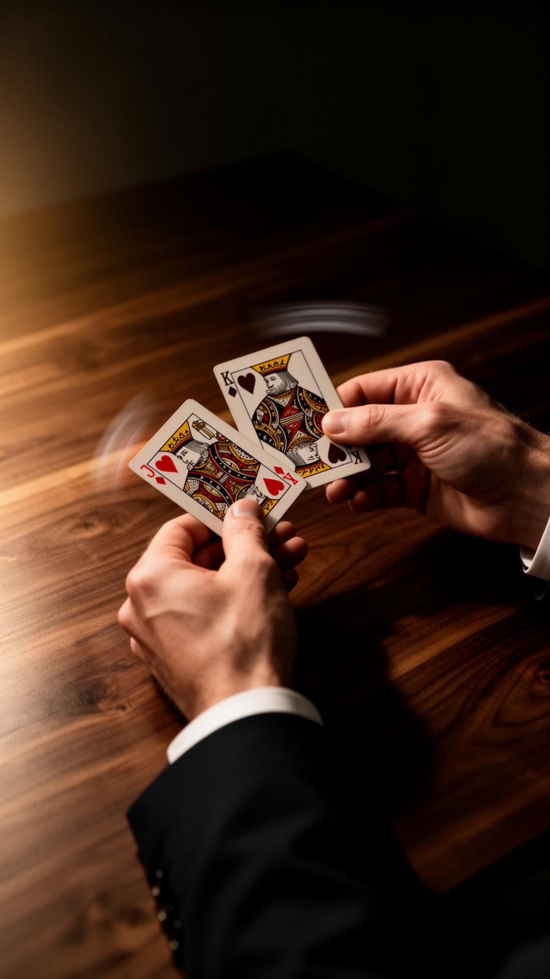 Mains d'un magicien close-up tenant des cartes à jouer, lumière tamisée